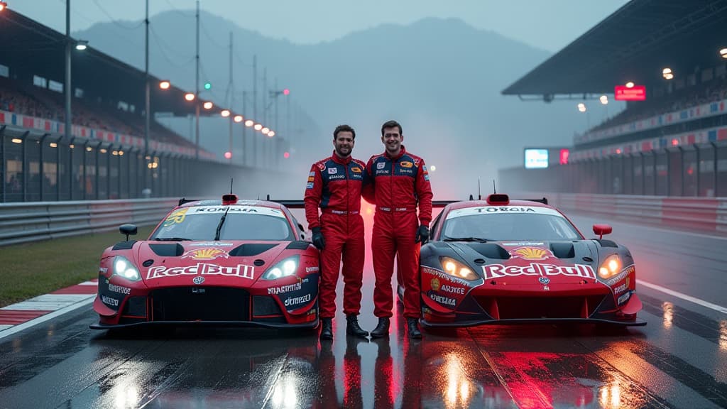  prompt: create an ultra realistic and detailed image capturing the excitement of the adac gt masters race at the red bull ring in spielberg 2024. the scene should showcase the haupt racing team celebrating their double pole position, with max reis and finn wiebelhaus standing proudly next to their race cars adorned with prominent team logos. include dramatic lighting to highlight the rain tires that played a crucial role in their success. show a diverse grid of race cars, featuring standout driv