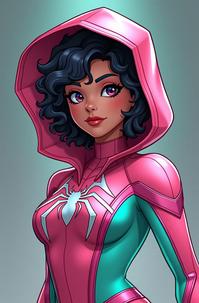  spiderwoman but nonbinary, short curly hair, chubby, suit is pink and mint green with a hood, marvel comic panel, dc animated comic panel, comic panel, manga and manhwa style panel, portrait, young person face, style for marvel comic, anime comic panel style, mexican, spiderman mask is on, doesn't show face hyperrealistic, full body, detailed clothing, highly detailed, cinematic lighting, stunningly beautiful, intricate, sharp focus, f/1. 8, 85mm, (centered image composition), (professionally color graded), ((bright soft diffused light)), volumetric fog, trending on instagram, trending on tumblr, HDR 4K, 8K