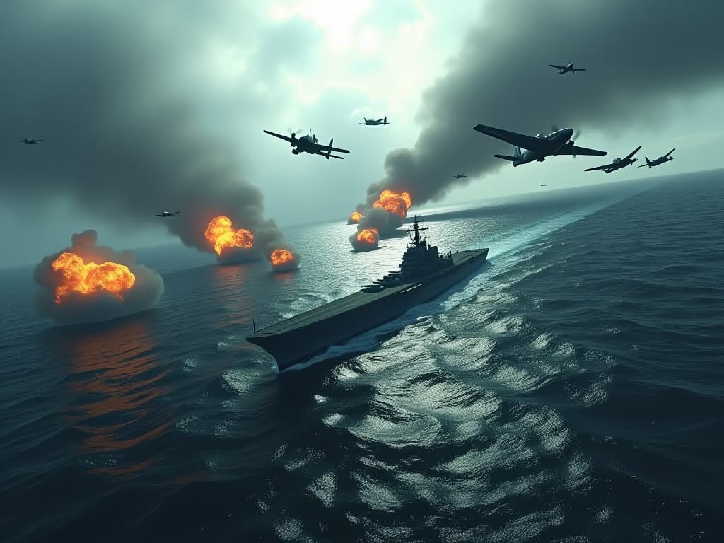  a dramatic scene depicting the battle of the philippine sea in june 1944, featuring the fifth fleet of the united states engaging with the combined japanese fleet. show aircraft carriers, battleships, and fighter planes in an intense aerial dogfight over a turbulent ocean, with explosions and smoke creating a chaotic yet heroic atmosphere. highlight the strategic nature of naval warfare during world war ii, invoking a sense of history and urgency. hyperrealistic, full body, detailed clothing, highly detailed, cinematic lighting, stunningly beautiful, intricate, sharp focus, f/1. 8, 85mm, (centered image composition), (professionally color graded), ((bright soft diffused light)), volumetric fog, trending on instagram, trending on tumblr, HDR 4K, 8K