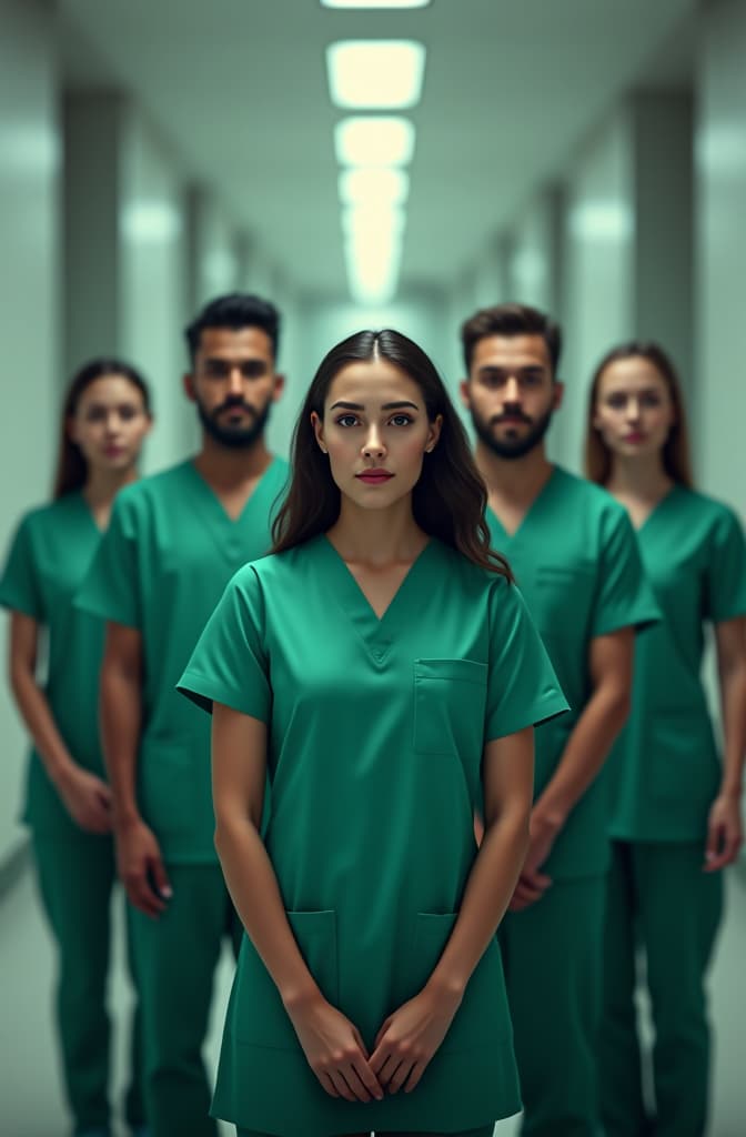  cree la imagen de 5 personas, dos hombres y tres mujeres con uniforme verde claro, de fondo una universidad, son odontologos, no medicos hyperrealistic, full body, detailed clothing, highly detailed, cinematic lighting, stunningly beautiful, intricate, sharp focus, f/1. 8, 85mm, (centered image composition), (professionally color graded), ((bright soft diffused light)), volumetric fog, trending on instagram, trending on tumblr, HDR 4K, 8K