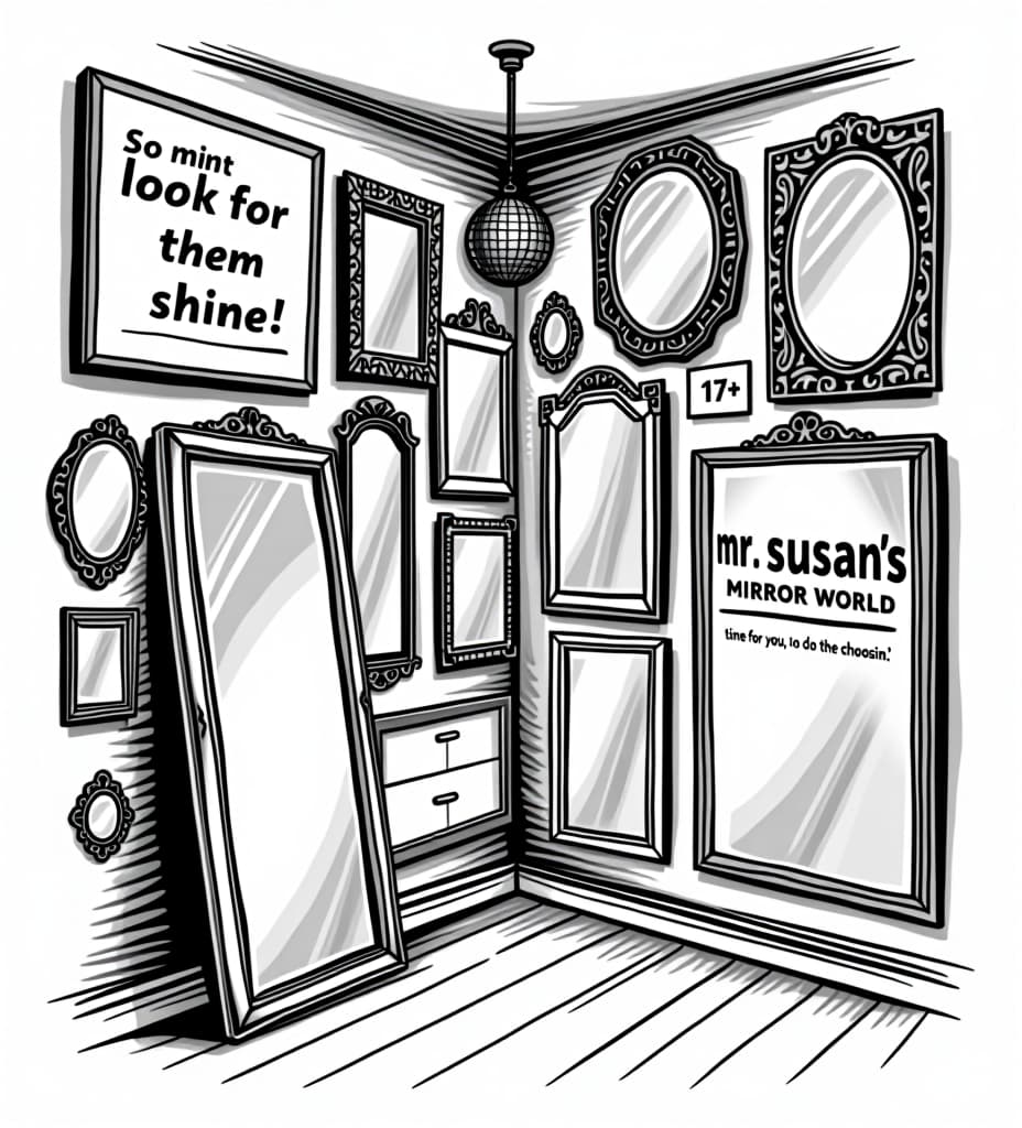  t shirt design . a black on white vector illustration, showing the corner of a room. on the walls are many mirrors in all many shapes and sizes some square, circle, rectangle, oval, some ornate and fancy, some modern style, and a full length floor mirror. a sign with text "look at them shine" another small sign with the text "17+ mirrors". a small disco ball hanging from the ceiling. distressed sketch. large sign logo on the wall that says "mr susan’s mirror world" and on the bottom, tagline that says " time for you, to do the choosin' ", high quality, high details, hd, perfect composition, 4k epic detailed, highly detailed, sharp focus, high resolution