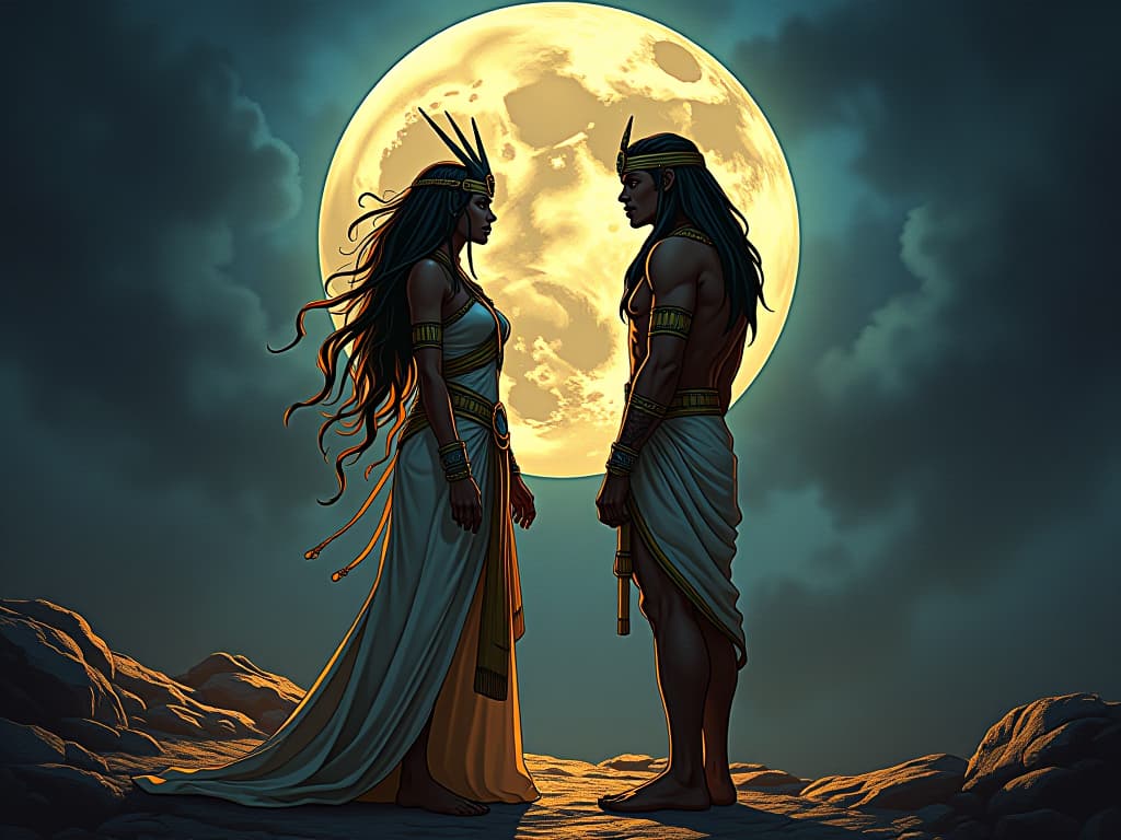  couple arguing beneath the full moon, energies clashing, stormy sky reflecting their turmoil. the style is digital art illustration / modern comic book / mysterious occult, symbolic, esoteric vibe,high detail on character design, incorporating ancient egyptian symbology and attire.