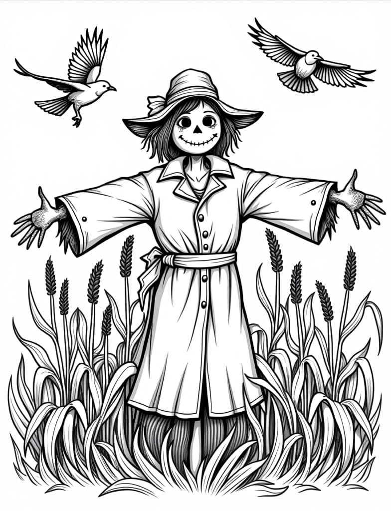  a scarecrow surrounded by corn stalks and crows in flight, black and white line art on a white background, for an adult coloring page.