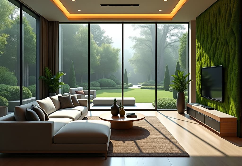  a landscape photo of a contemporary living room with a living moss wall, sleek furniture, and floor to ceiling windows framing a vibrant garden landscape hyperrealistic, full body, detailed clothing, highly detailed, cinematic lighting, stunningly beautiful, intricate, sharp focus, f/1. 8, 85mm, (centered image composition), (professionally color graded), ((bright soft diffused light)), volumetric fog, trending on instagram, trending on tumblr, HDR 4K, 8K