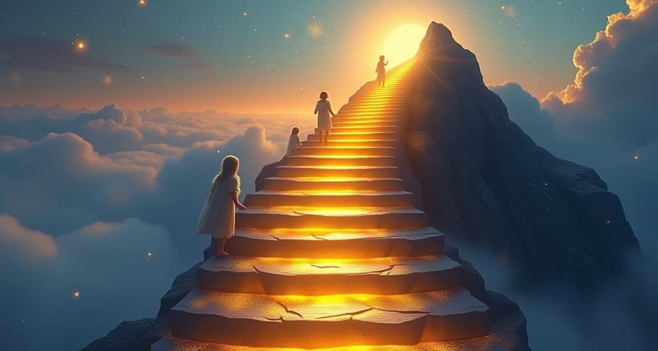  a radiant path made of golden steps leading up a mystical mountain, with ethereal creatures guiding the way. each step symbolizes an obstacle turned into a stepping stone of success.. the style is digital art illustration,highly detailed, whimsical,magical, dreamlike atmosphere, realism and fantasy blend, smooth, glossy textures,luminous quality, wonder and enchantment.