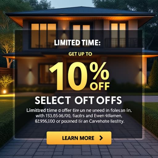  create a facebook ad for 'deep' real estate: content: highlight a special promotion (e.g., 'limited time offer: get up to 10% off on select properties'). image: use a high quality image of a featured property with a slight overlay for text readability. text overlay: include the offer details in bold, large font at the center. logo placement: place the 'deep' logo in a corner with a subtle shadow for visibility. call to action: add a button that says 'learn more' in a contrasting color like gold. hyperrealistic, full body, detailed clothing, highly detailed, cinematic lighting, stunningly beautiful, intricate, sharp focus, f/1. 8, 85mm, (centered image composition), (professionally color graded), ((bright soft diffused light)), volumetric fog, trending on instagram, trending on tumblr, HDR 4K, 8K