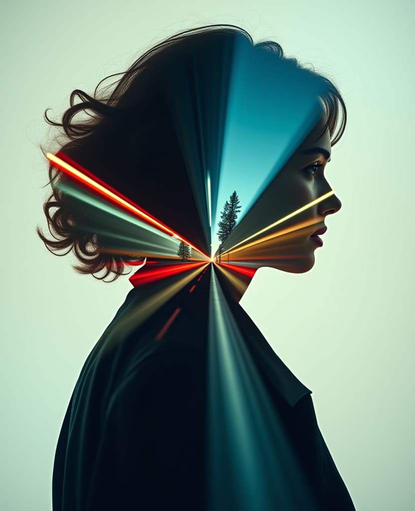  the cutout of a profile silhouette of a woman with a double exposure revealing a moving train in a blurry motion blur analog composition. a text caption underneath reads "live" in a pretty font. hyperrealistic, full body, detailed clothing, highly detailed, cinematic lighting, stunningly beautiful, intricate, sharp focus, f/1. 8, 85mm, (centered image composition), (professionally color graded), ((bright soft diffused light)), volumetric fog, trending on instagram, trending on tumblr, HDR 4K, 8K