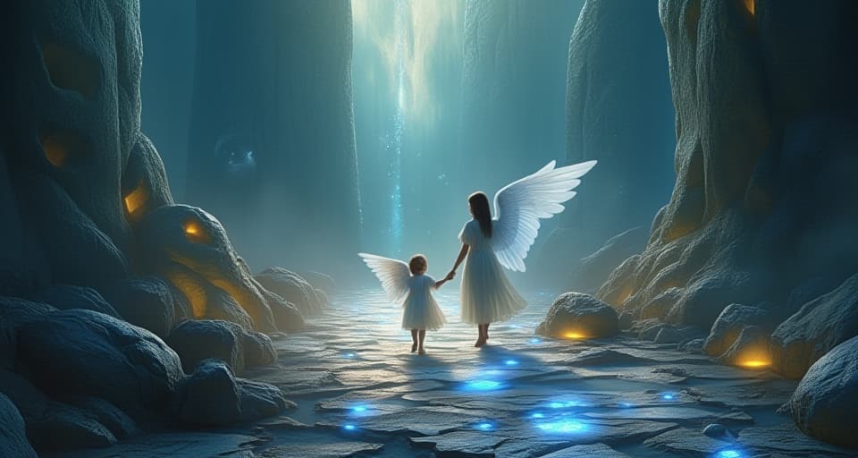  a mystical path lined with luminescent stones, an ethereal angel guiding another through it, the scenery symbolizing growth and clear pathways.. the style is digital art illustration,highly detailed, whimsical,magical, dreamlike atmosphere, realism and fantasy blend, smooth, glossy textures,luminous quality, wonder and enchantment.