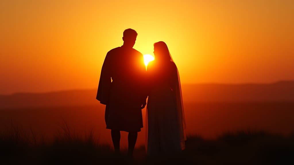  history of biblical times, a scene of jacob and rachel standing together, dreaming about their future, their silhouettes against a glowing sunset. hyperrealistic, full body, detailed clothing, highly detailed, cinematic lighting, stunningly beautiful, intricate, sharp focus, f/1. 8, 85mm, (centered image composition), (professionally color graded), ((bright soft diffused light)), volumetric fog, trending on instagram, trending on tumblr, HDR 4K, 8K