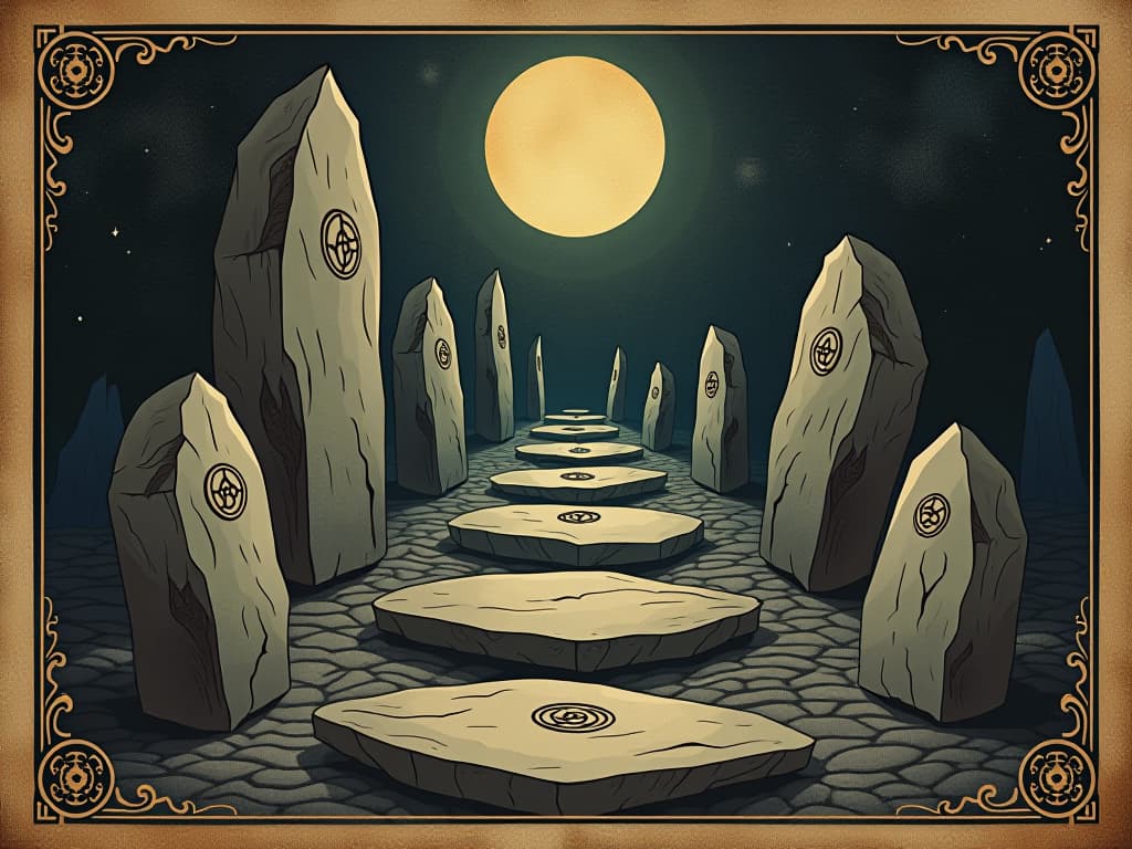  collection of stones, each with unique markings, arranged in a path, representing various teachings, ancient and symbolic. an illustration in the style of a worn, mystical old tarot trump card, mysterious and elements of surrealism. the colors are muted, somber and eerie, but with contrast bring out an occult and esoteric vibe.