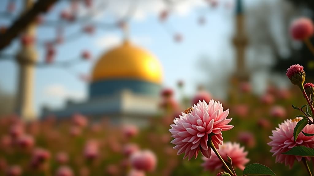  golden dome mosque with floral foreground and bokeh background.