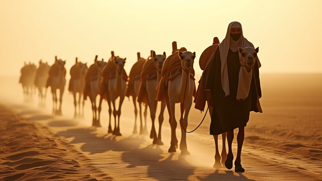  history of biblical times, the servant with a caravan of ten camels laden with gifts, setting off on a journey through a dusty desert road towards mesopotamia. hyperrealistic, full body, detailed clothing, highly detailed, cinematic lighting, stunningly beautiful, intricate, sharp focus, f/1. 8, 85mm, (centered image composition), (professionally color graded), ((bright soft diffused light)), volumetric fog, trending on instagram, trending on tumblr, HDR 4K, 8K