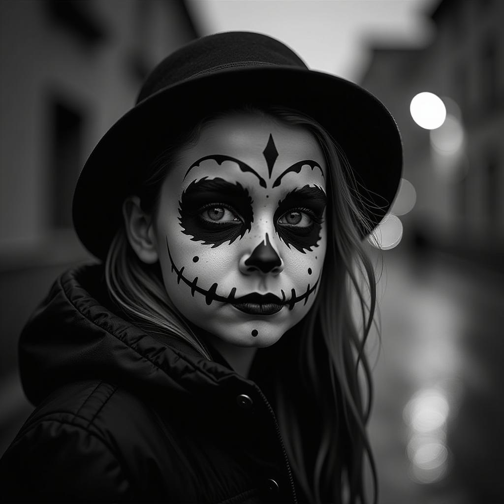  close up of a girl with a painted face on a halloween theme in black and white tones against a gloomy background of an autumn street at night {prompt}, maximum details