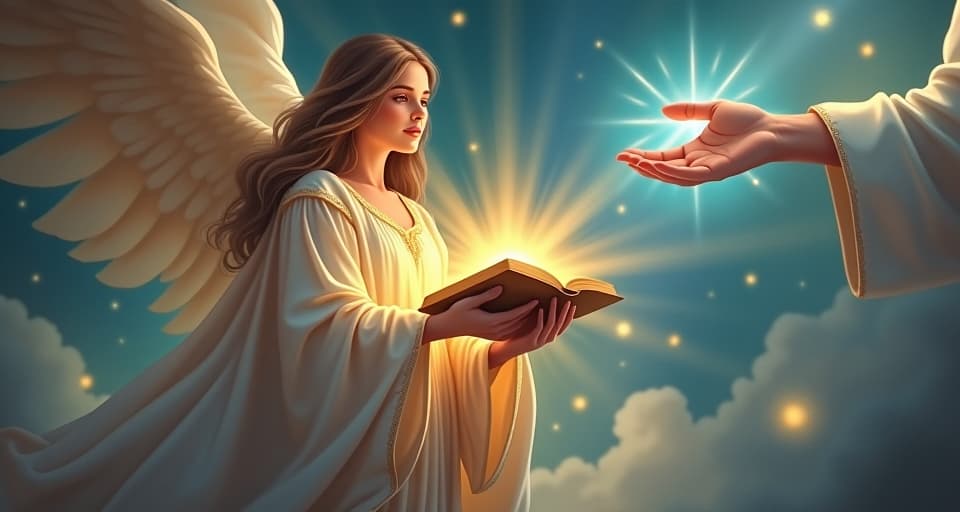  an ethereal being in flowing robes, receiving a radiant bible from a celestial hand, sacred scrolls floating around, divine moment captured.. the style is digital art illustration,highly detailed, whimsical,magical, dreamlike atmosphere, realism and fantasy blend, smooth, glossy textures,luminous quality, wonder and enchantment.