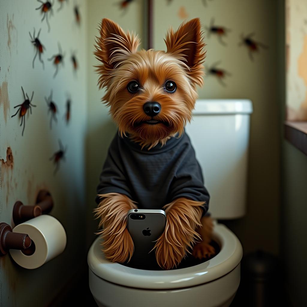  breathtaking yorkshire terrier dog, shaggy, with dark eyes, sitting on the toilet with a phone in his paws, a room with cockroaches on the walls, holey walls, rusty pipes. 4k quality, realism . award winning, professional, highly detailed hyperrealistic, full body, detailed clothing, highly detailed, cinematic lighting, stunningly beautiful, intricate, sharp focus, f/1. 8, 85mm, (centered image composition), (professionally color graded), ((bright soft diffused light)), volumetric fog, trending on instagram, trending on tumblr, HDR 4K, 8K