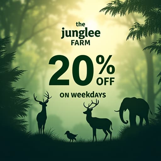  create a wildlife themed offer post for 'the junglee farm' with the following elements: main message: '20% off on weekdays' in bold, natural colored font (dark green or earthy brown). call to action: 'call 9785421314' prominently displayed below the offer. theme: incorporate elements of wildlife, such as silhouettes of animals (e.g., deer, elephants, birds), lush greenery, and natural textures like wood or leaves. logo style: use 'the junglee farm' logo at the top of the post. the logo features a bold, serif font with slightly curved edges, rendered in a deep green color with a subtle texture, giving it a natural, organic feel. the text has a slightly raised, embossed effect, emphasizing its prominence. surround the logo with jungle foli hyperrealistic, full body, detailed clothing, highly detailed, cinematic lighting, stunningly beautiful, intricate, sharp focus, f/1. 8, 85mm, (centered image composition), (professionally color graded), ((bright soft diffused light)), volumetric fog, trending on instagram, trending on tumblr, HDR 4K, 8K