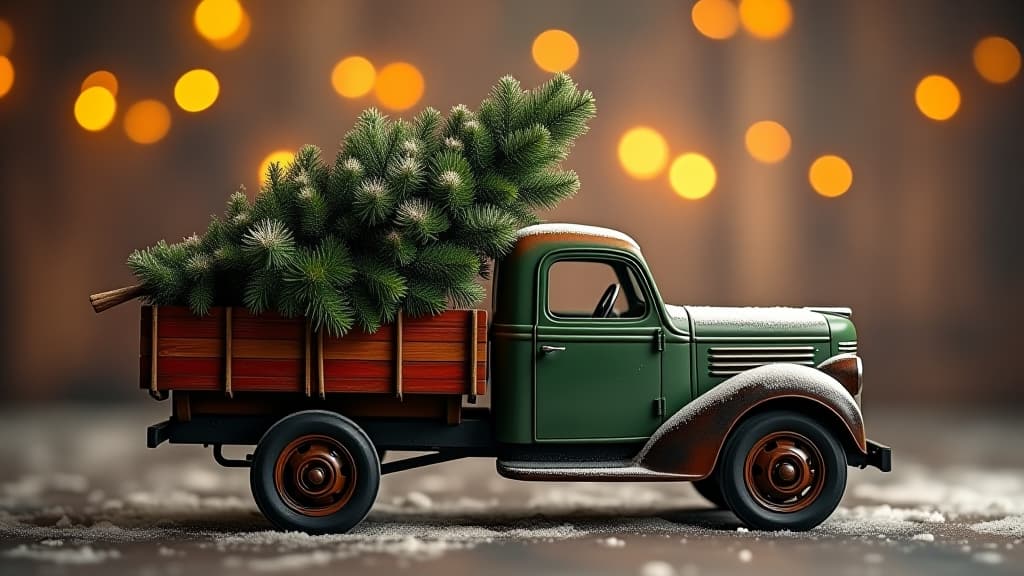  vintage christmas truck carrying a fir tree. festive background.