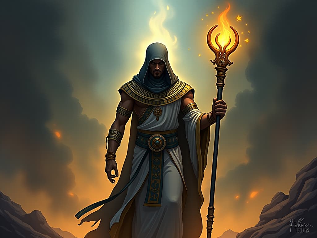  an ancient, mystical figure, glowing staff in hand, illuminating the path ahead, aura of transformation. the style is digital art illustration / modern comic book / mysterious occult, symbolic, esoteric vibe,high detail on character design, incorporating ancient egyptian symbology and attire.