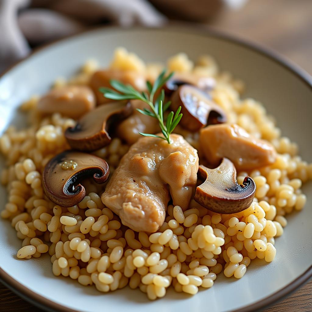  buckwheat with chicken and mushrooms in creamy sauce on a plate.