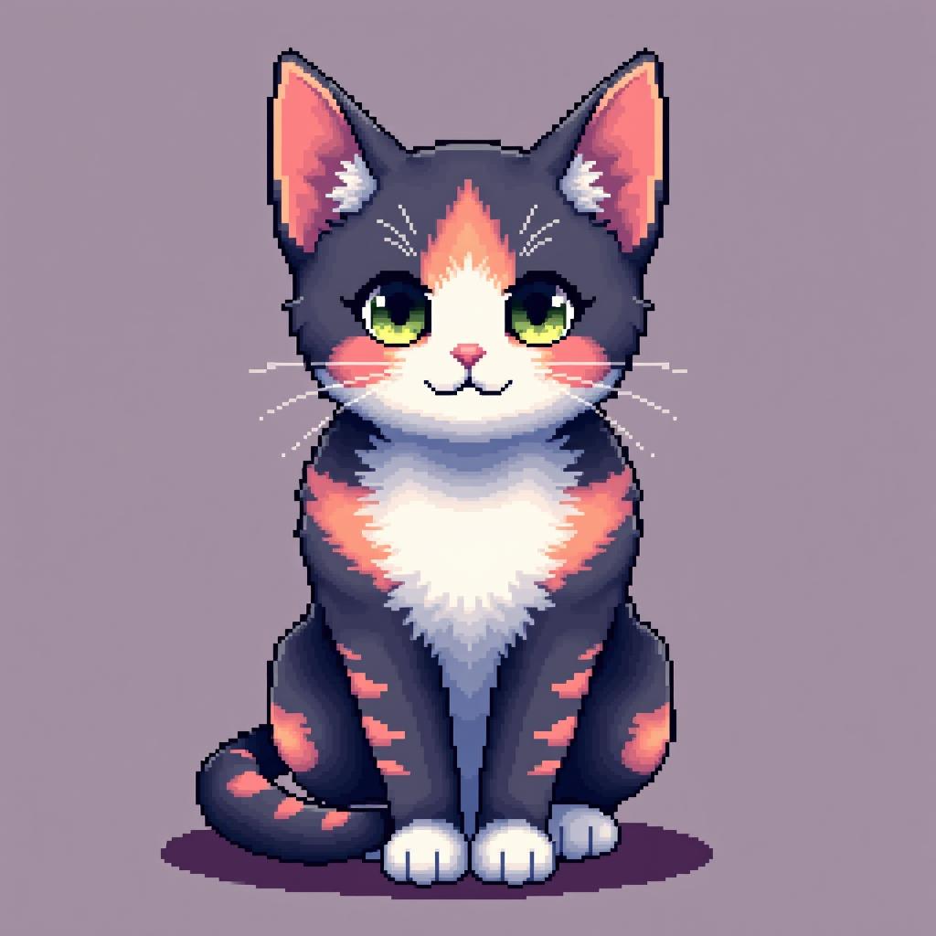  64x64 pixel art of a cat with full spectrum color fur in anime artstyle