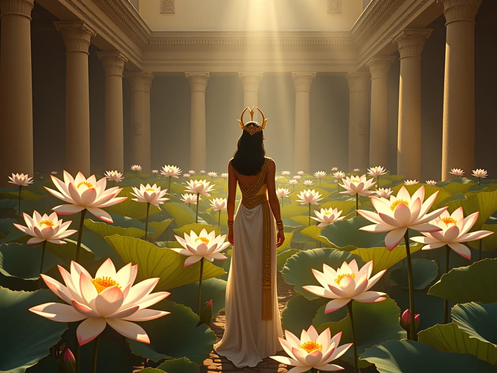  gold and silver lotuses blooming in an ancient temple courtyard, sunlight filtering through, magical atmosphere of miracles unfolding, divine presence. the style is digital art illustration / modern comic book / mysterious occult, symbolic, esoteric vibe,high detail on character design, incorporating ancient egyptian symbology and attire.