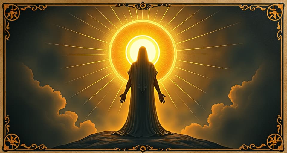  a radiant golden light expanding from a figure, alchemical force, essence of the sun, transformative energy. an illustration in the style of a worn, mystical old tarot trump card, mysterious and elements of surrealism. the colors are muted, somber and eerie, but with contrast bring out an occult and esoteric vibe.