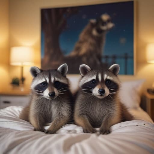 Two loved up raccoons in a bed room in Cinematic style