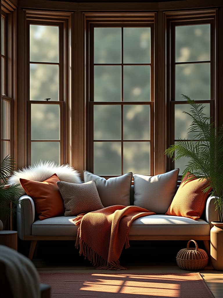  high quality portrait photo of a cozy rustic living room corner featuring a reading nook with a large bay window, window seat, and faux fur throws hyperrealistic, full body, detailed clothing, highly detailed, cinematic lighting, stunningly beautiful, intricate, sharp focus, f/1. 8, 85mm, (centered image composition), (professionally color graded), ((bright soft diffused light)), volumetric fog, trending on instagram, trending on tumblr, HDR 4K, 8K