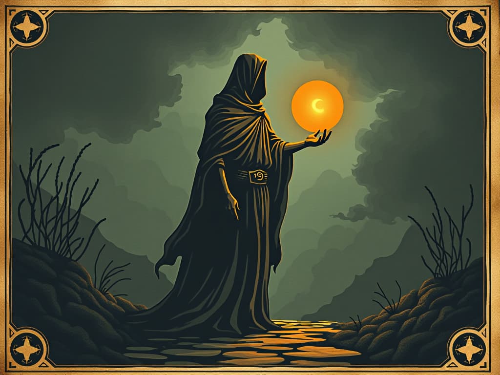  a human figure holding a glowing orb, standing on a path, symbolizing control over destiny, purposeful, driven. an illustration in the style of a worn, mystical old tarot trump card, mysterious and elements of surrealism. the colors are muted, somber and eerie, but with contrast bring out an occult and esoteric vibe.