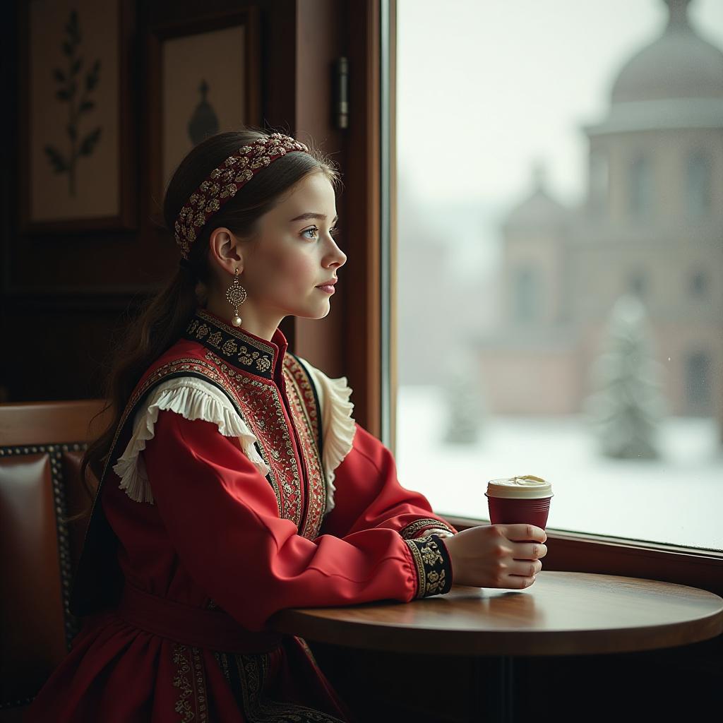  a kazakh girl in national costume is sitting in a café and enjoying the view from the window. hyperrealistic, full body, detailed clothing, highly detailed, cinematic lighting, stunningly beautiful, intricate, sharp focus, f/1. 8, 85mm, (centered image composition), (professionally color graded), ((bright soft diffused light)), volumetric fog, trending on instagram, trending on tumblr, HDR 4K, 8K