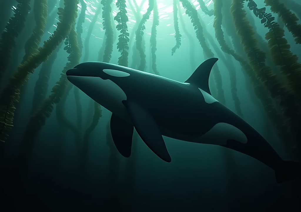  a photoreal, fully grown orca navigating the mysterious depths of a kelp forest, ultra detailed. the orca's striking black and white pattern contrasts beautifully with the swaying kelp and the soft, greenish light filtering through the water. the dense forest of kelp creates an enchanting, cinematic underwater setting.