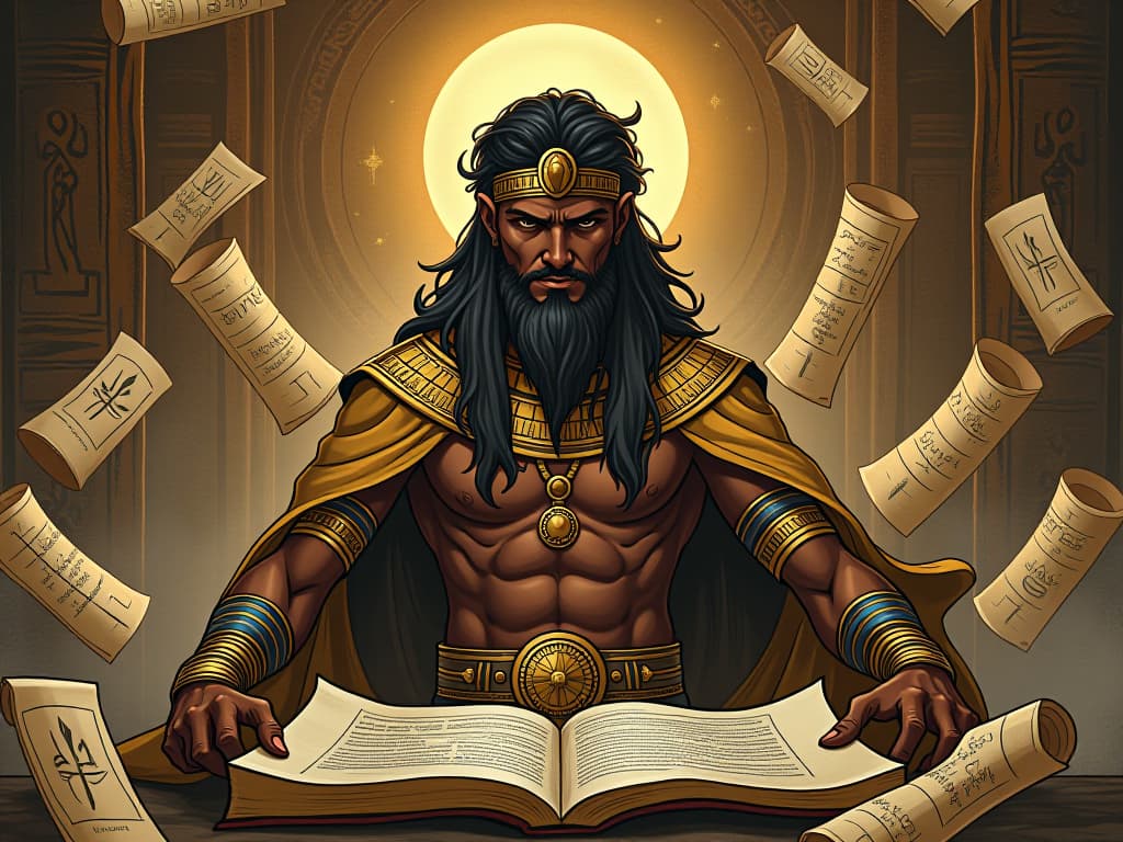  depiction of nabu, surrounded by scrolls and tablets, engravings of his role as the scribe of the gods. the style is digital art illustration / modern comic book / mysterious occult, symbolic, esoteric vibe,high detail on character design, incorporating ancient egyptian symbology and attire.