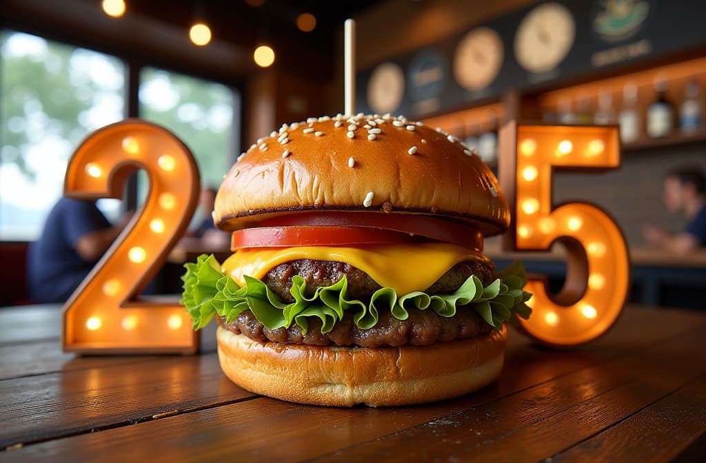  text “2025” formed from gourmet burgers and fries, set in a stylish diner with modern decor. {prompt}, maximum details