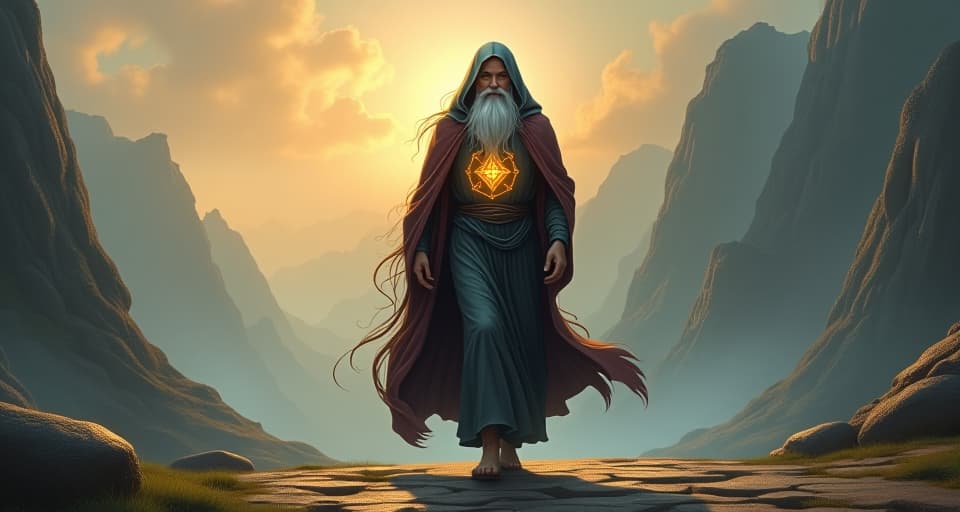  a wise ethereal being walking through history, flowing robes, glowing symbols, ancient landscapes transitioning in background. the style is digital art illustration,highly detailed, whimsical,magical, dreamlike atmosphere, realism and fantasy blend, smooth, glossy textures,luminous quality, wonder and enchantment.