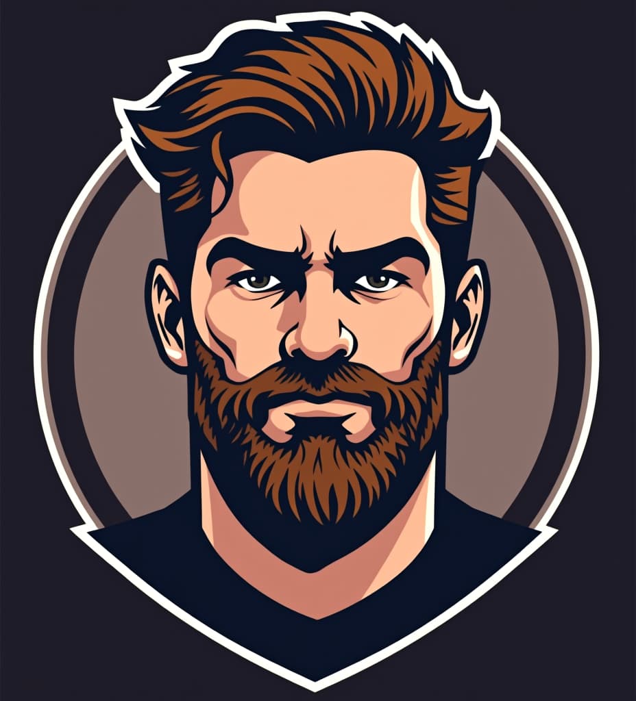  vector illustration logo for a fantasy footbal team named "austin's doppleganger". the mascot is a normal looking white guy with brown hair, bushy eyebrows and a patchy facial hair , short wavy hair. kind of looks like jake gyllenhaal., high quality, high details, hd, perfect composition, 4k epic detailed, highly detailed, sharp focus, high resolution