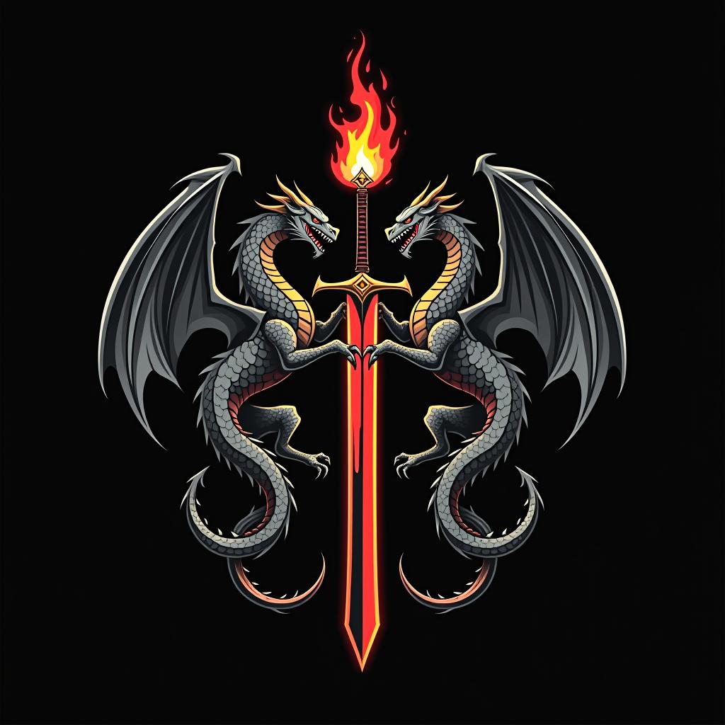  design a logo, custom sticker design on an isolated black background decorated by mythical dragons and a flaming sword