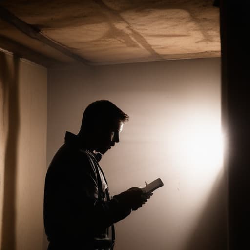 A photo of a professional vent cleaner inspecting a dusty HVAC system in a dimly lit basement during the early evening with a single spotlight casting dramatic shadows and highlighting the particles in the air, creating a mysterious and atmospheric ambiance.