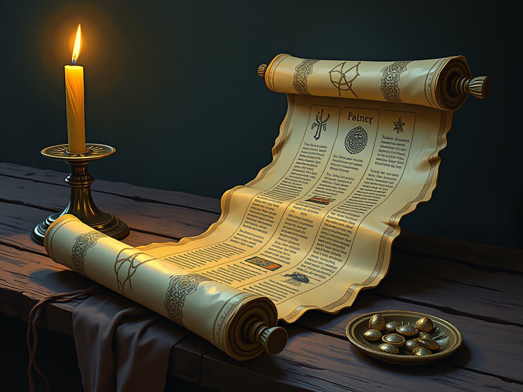  ancient scrolls, unfurled and glowing, symbols of wisdom, mystical aura, studying under soft candlelight. an illustration in the style of a worn, mystical old tarot trump card, mysterious and elements of surrealism. the colors are muted, somber and eerie, but with contrast bring out an occult and esoteric vibe.