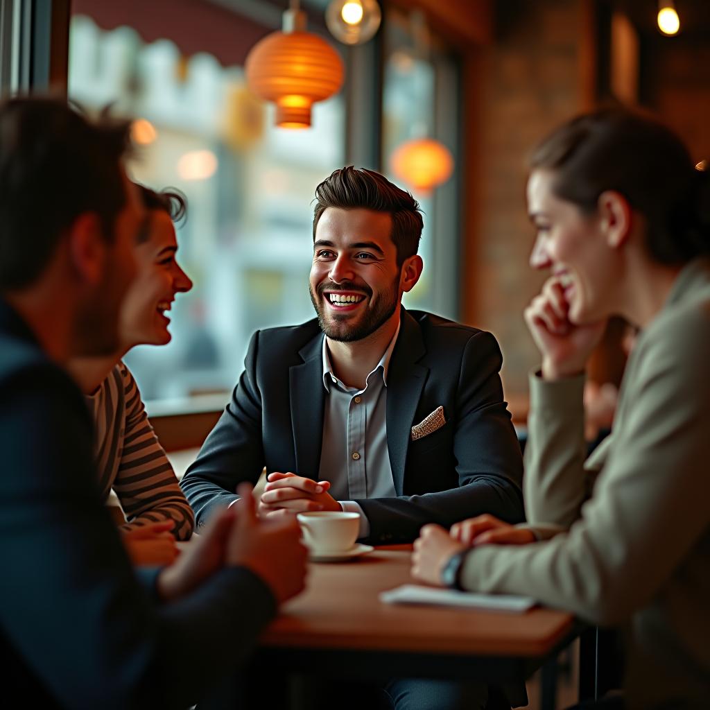  photographic, 8k, masterpiece, high quality, detailed, clear facial features, clear visible teeth, detailed eyes, max's friends sit around a table at a local café, laughing and teasing him as he forces a smile. hyperrealistic, full body, detailed clothing, highly detailed, cinematic lighting, stunningly beautiful, intricate, sharp focus, f/1. 8, 85mm, (centered image composition), (professionally color graded), ((bright soft diffused light)), volumetric fog, trending on instagram, trending on tumblr, HDR 4K, 8K