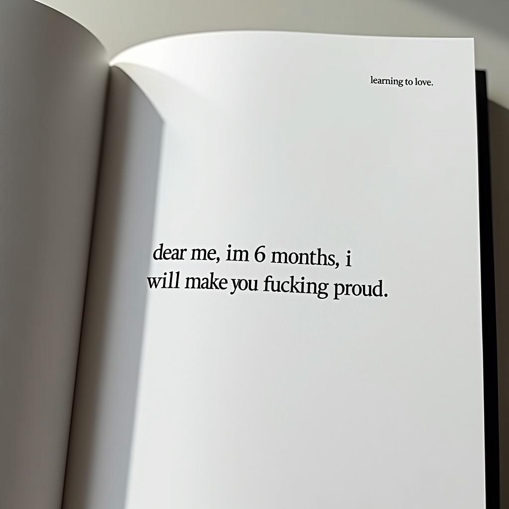  the image shows an open page of a book with a short, powerful message written in a clean, serif font. the page has a minimalistic design, with the text positioned towards the center, and a small heading in the top right corner. the background is white, with a soft shadow cast, likely from the fold of the book or the angle of the light. the text on the page reads: **"dear me in 6 months, i will make you fucking proud"** in the top right corner of the page, in smaller font, it says: **"learning to love"** the overall tone of the message is bold and determined, conveying a strong commitment to self improvement and personal growth. the use of informal language ("fucking proud") adds an element of intensity and sincerity, making the sta