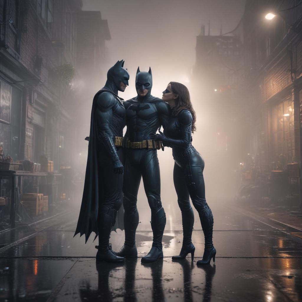 ((masterpiece)),(((best quality))), 8k, high detailed, ultra detailed, Cat Woman kissing Batman, dynamic poses, action packed scene, vibrant colors hyperrealistic, full body, detailed clothing, highly detailed, cinematic lighting, stunningly beautiful, intricate, sharp focus, f/1. 8, 85mm, (centered image composition), (professionally color graded), ((bright soft diffused light)), volumetric fog, trending on instagram, trending on tumblr, HDR 4K, 8K