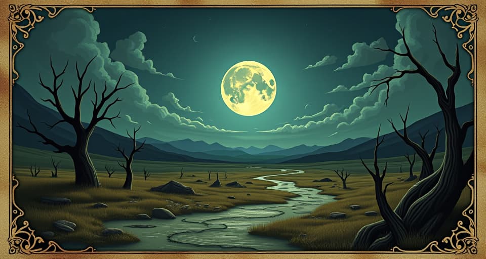  a desolate landscape, scattered with hidden snares, dimly lit by moonlight, suggestive of danger, tense, eerie. an illustration in the style of a worn, mystical old tarot trump card, mysterious and elements of surrealism. the colors are muted, somber and eerie, but with contrast bring out an occult and esoteric vibe.