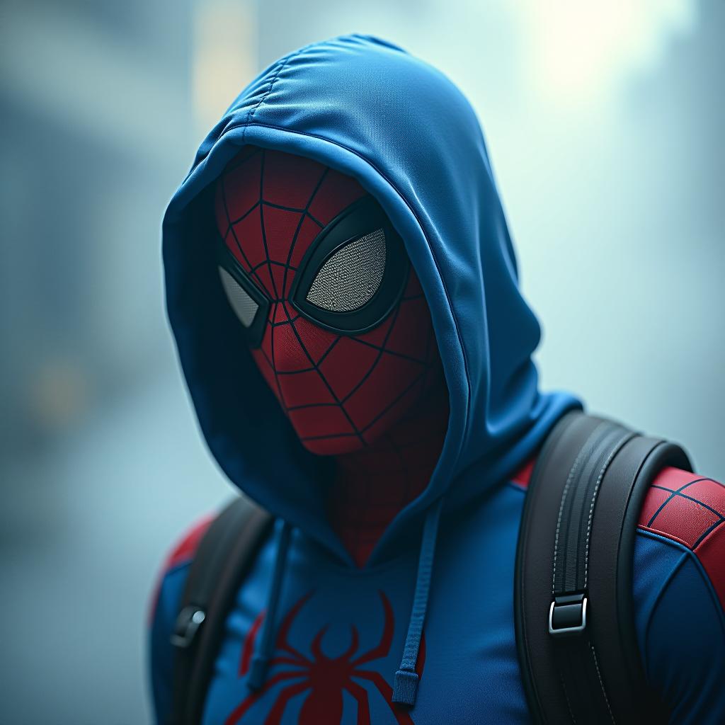  white man with a spiderman mask on his face with a blue hoodie with sparky written on it hyperrealistic, full body, detailed clothing, highly detailed, cinematic lighting, stunningly beautiful, intricate, sharp focus, f/1. 8, 85mm, (centered image composition), (professionally color graded), ((bright soft diffused light)), volumetric fog, trending on instagram, trending on tumblr, HDR 4K, 8K