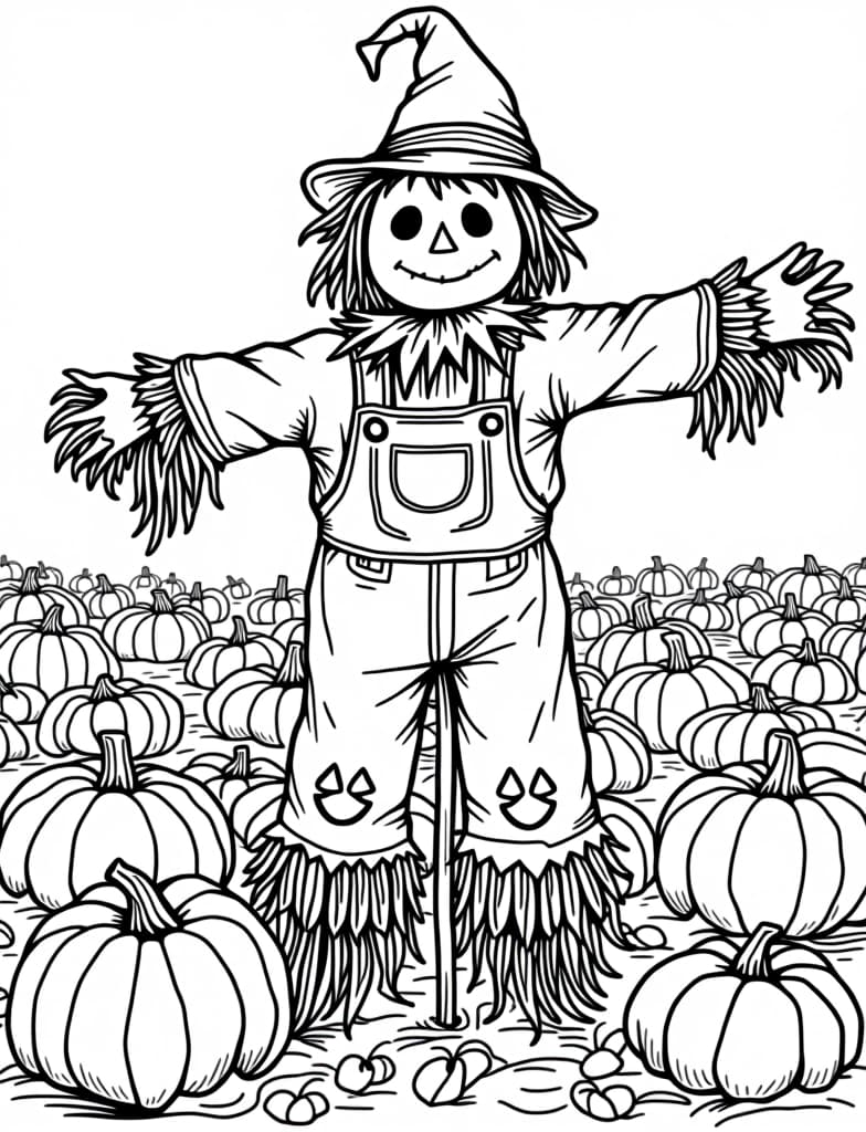  a scarecrow standing in a pumpkin patch, black and white line art on a white background, for an adult coloring page.