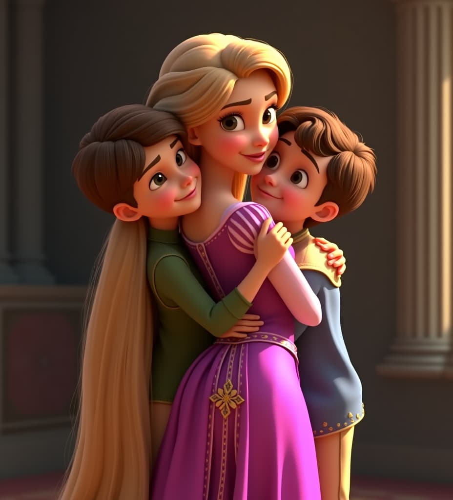  dianey pixar style rapunzel with , with 2 brothers who are her brothers affectionately hugging her back hip