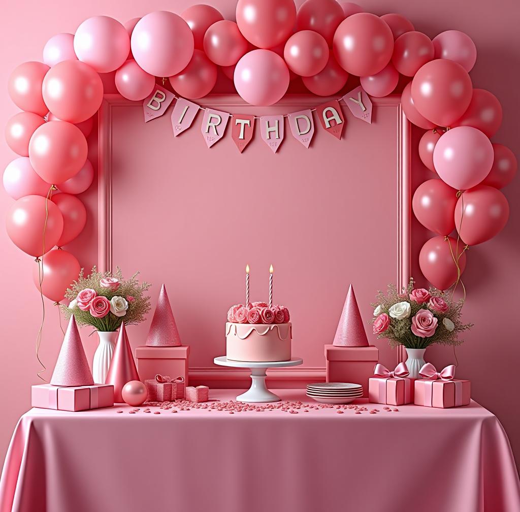  birthday photo scene, without people, rich details, visually appealing, main color tone is pink, colorful decorations, balloons, cake, presents, vibrant atmosphere, festive mood, floral arrangements, party hats, table setting, bunting banners, soft pastel colors, elegant backdrop, stylish props. highly detailed photo, sharp details, best quality, 4k, raw photo photo realistic, highly intricate and detailed, masterpiece, ultra high res,photography,8k resolution