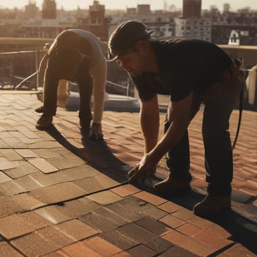 A photo of a team of roofing contractors examining shingles on a rooftop in a bustling urban setting during the late afternoon with warm, golden sunlight casting dramatic shadows.