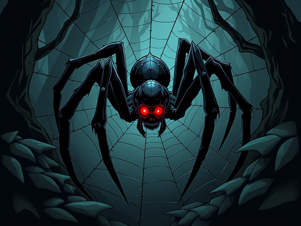  spider with red glowing eyes, intricate web in dark forest, concealed traps, nature of ensnaring deceptiveness. the style is digital art illustration / modern comic book / graphic dark novel fantasy and mysterious occult, symbolic, moody lighting, esoteric vibe,high detail on character design. for the color scheme emphasize blacks and reds.