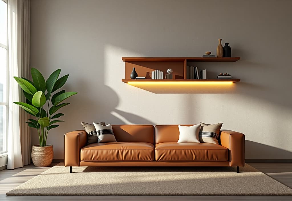  a landscape photo of a bright living room with a statement wall featuring textured wallpaper, floating shelves with curated decor items, and a modern leather sofa hyperrealistic, full body, detailed clothing, highly detailed, cinematic lighting, stunningly beautiful, intricate, sharp focus, f/1. 8, 85mm, (centered image composition), (professionally color graded), ((bright soft diffused light)), volumetric fog, trending on instagram, trending on tumblr, HDR 4K, 8K