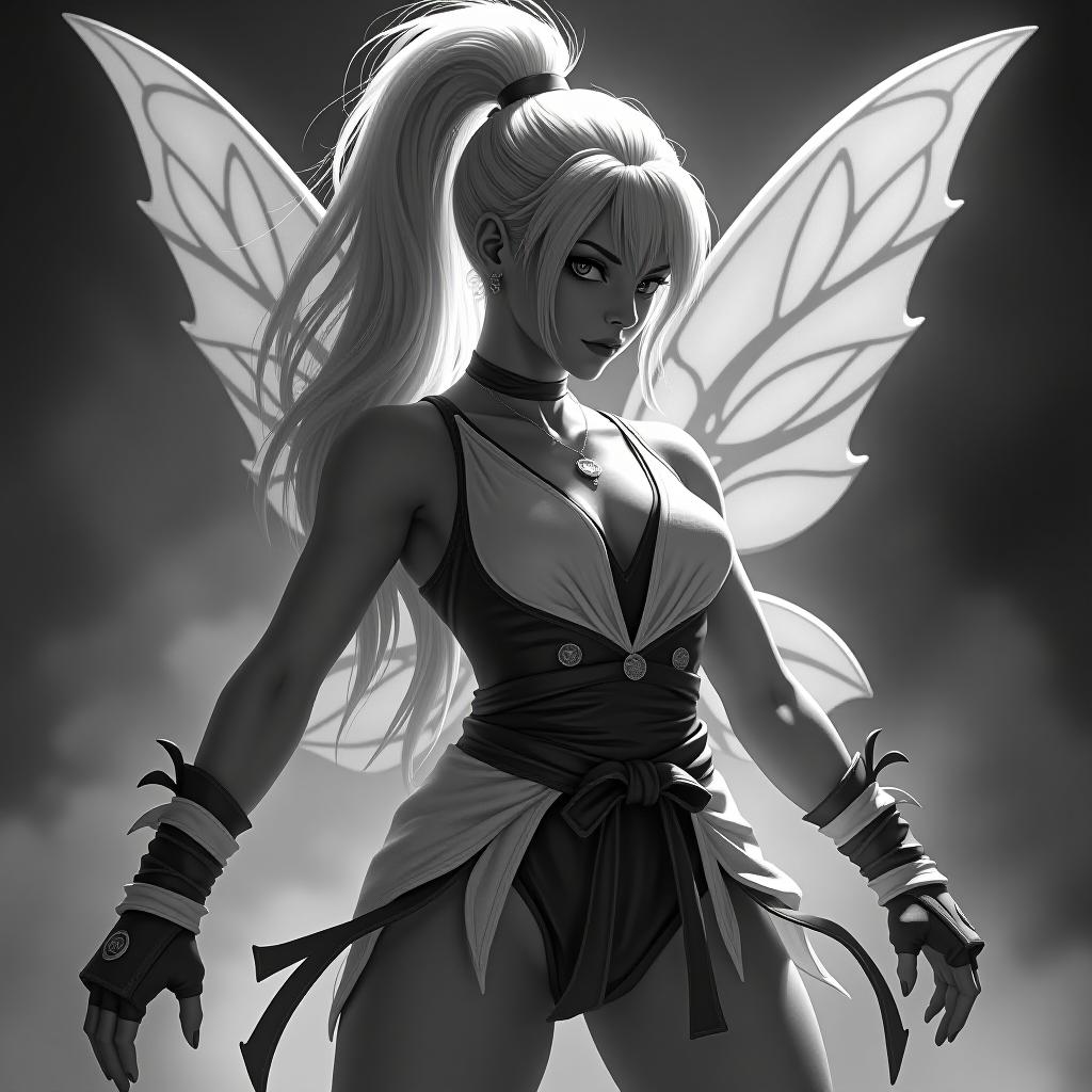  street fighter style black and white contour of fairy fairy, full growth . vibrant, dynamic, arcade, 2d fighting game, highly detailed, reminiscent of street fighter series hyperrealistic, full body, detailed clothing, highly detailed, cinematic lighting, stunningly beautiful, intricate, sharp focus, f/1. 8, 85mm, (centered image composition), (professionally color graded), ((bright soft diffused light)), volumetric fog, trending on instagram, trending on tumblr, HDR 4K, 8K